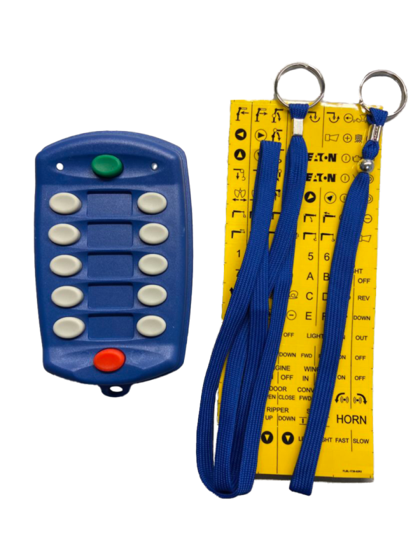 A blue remote control and two yellow keys.