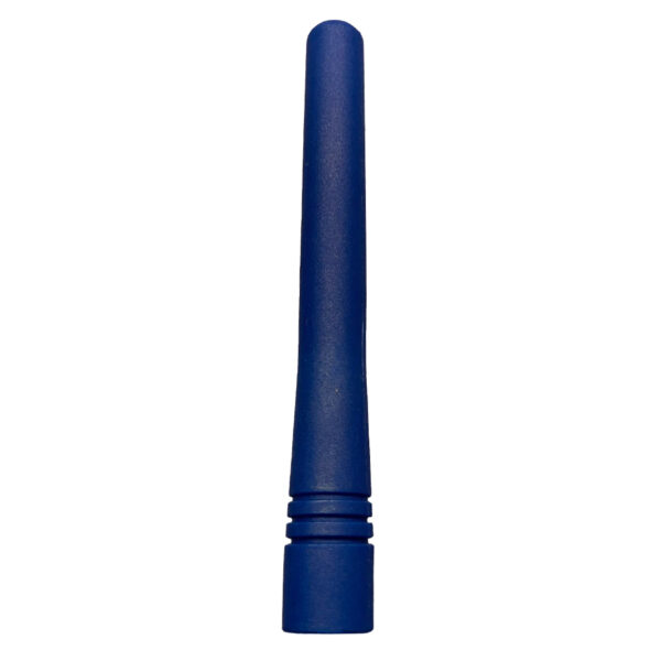 A blue plastic tube with a black cap.