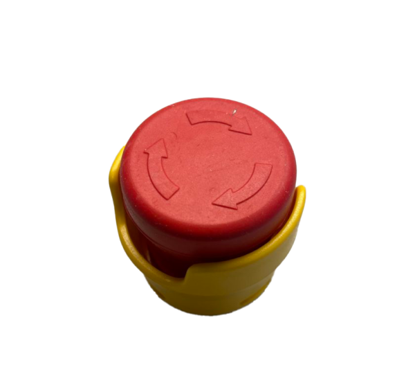 A red and yellow plastic container sitting on top of a table.