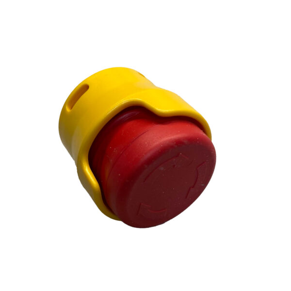 A red and yellow button on top of a white background.