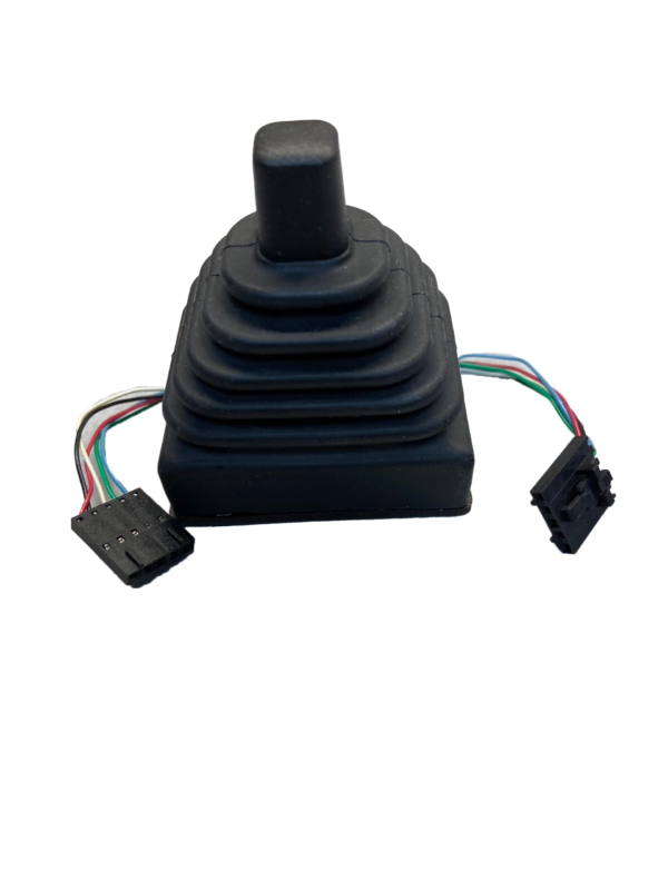 A black joystick with wires attached to it.