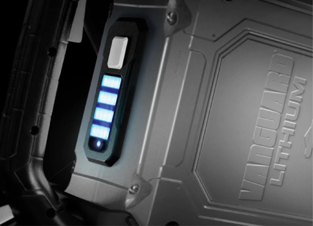 Vanguard lithium battery close-up showing LED charge status indicator
